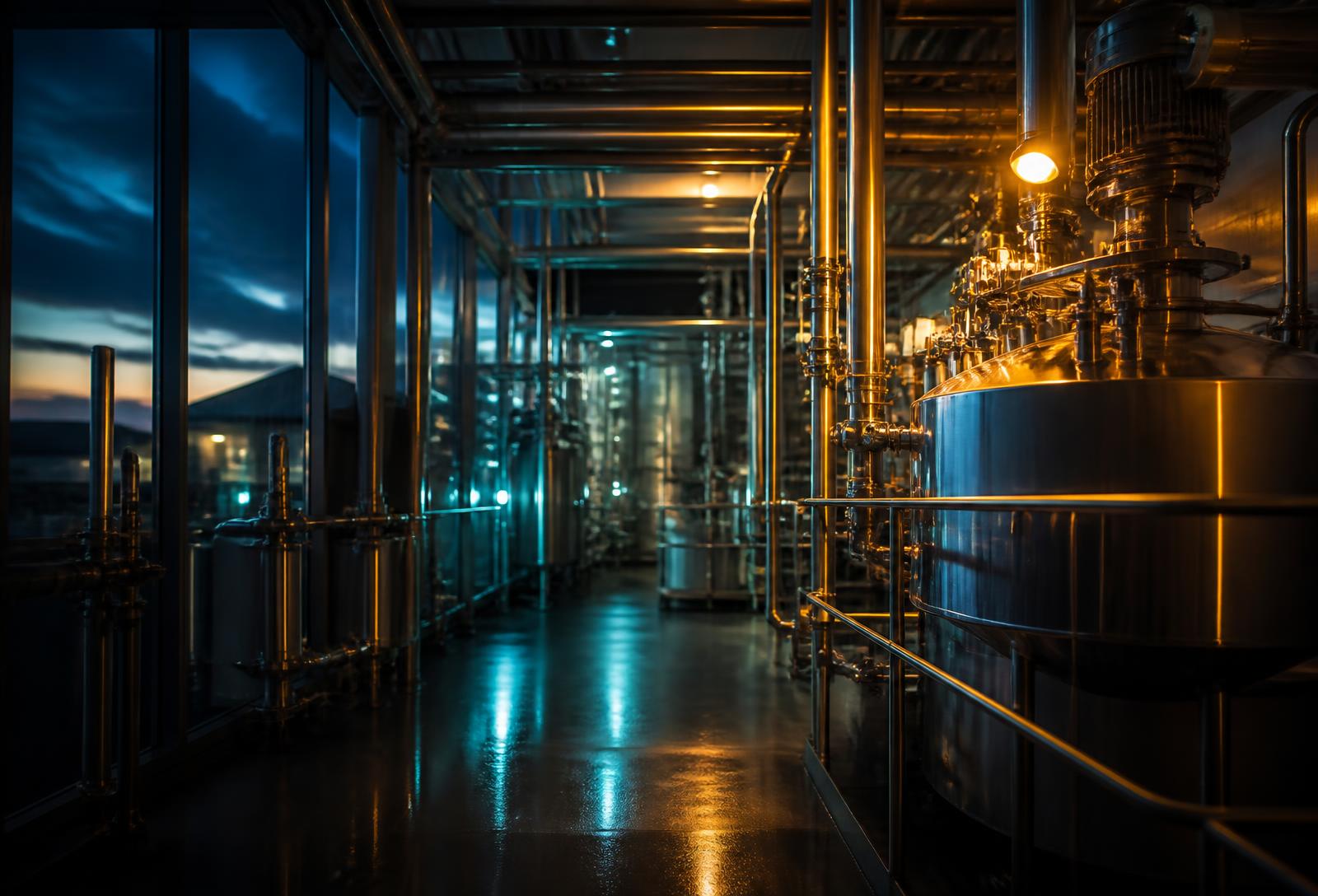 Stainless steel process vessels and pipework in a dairy plant at dusk